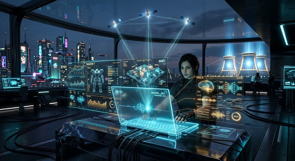 Um terminal/laptop ultraleve e minimalista, quase transparente, emitindo projeções holográficas de gráficos complexos de jogos e interfaces neurais de IA.