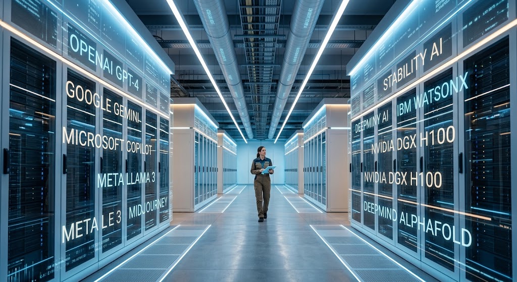 Um corredor de datacenters de diversas emrpesas, com um tecnico de redes supervisionando tranquilo.
