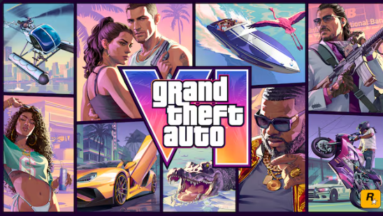 Imagem de um homem e uma mulher no capo de um carro, com frente escrito GTA 6