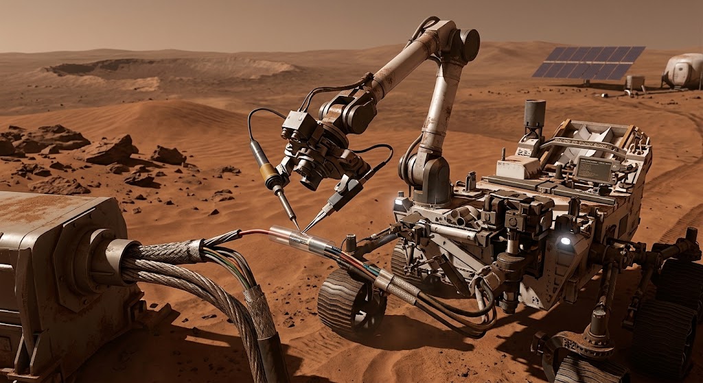 Robo fazendo emenda de um cabo no planeta Marte.
