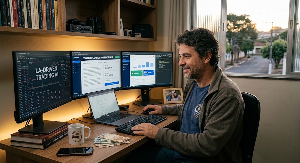 Um homem sentando em seu computador, usando I.A para checar a bolsa de valores.