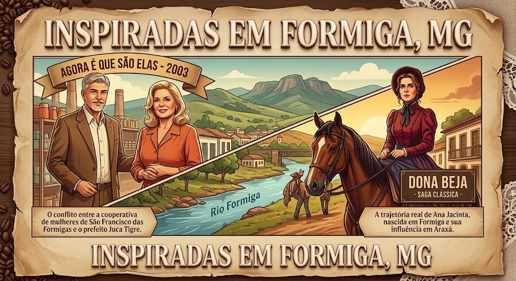 Duas imagens de novelas: Agora É que São Elas (2003) e Saga de Dona Beja que foram inspiradas em Formiga MG