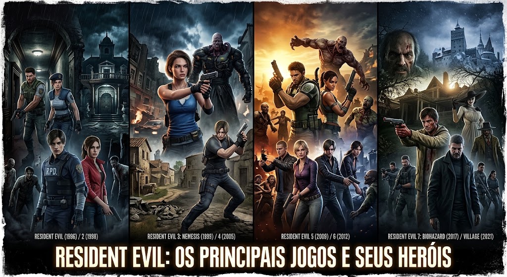 Principais personagens dos jogos de Resident Evil, humanos e monstros.