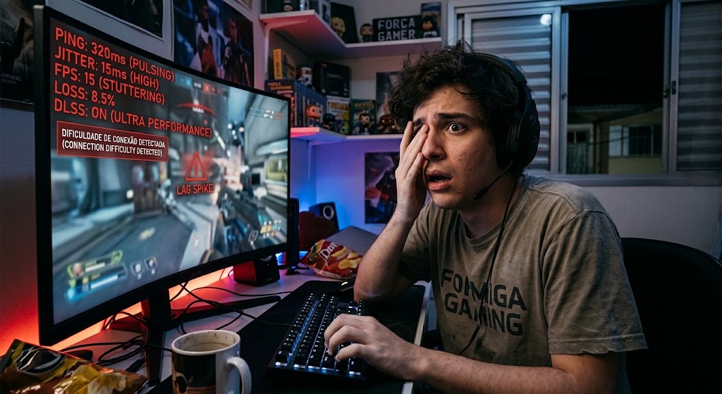 Um gamer assustado com as siglas na tela ping, lag, jitter, fps, dlss