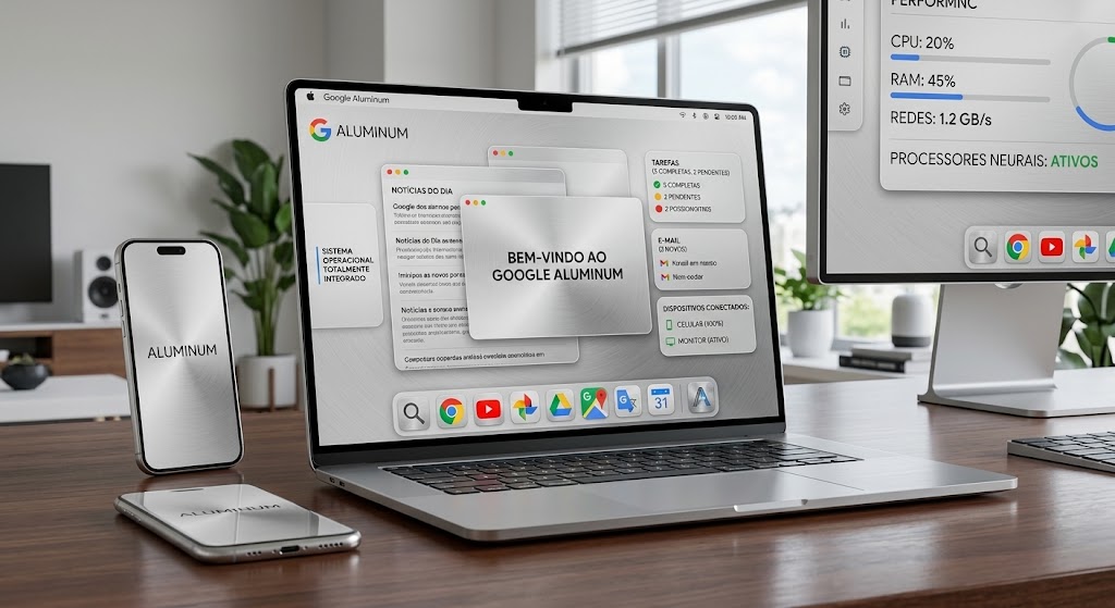 Notebook, smartphone, tablet em cima de uma mesa, formatados com S.O Aluminum