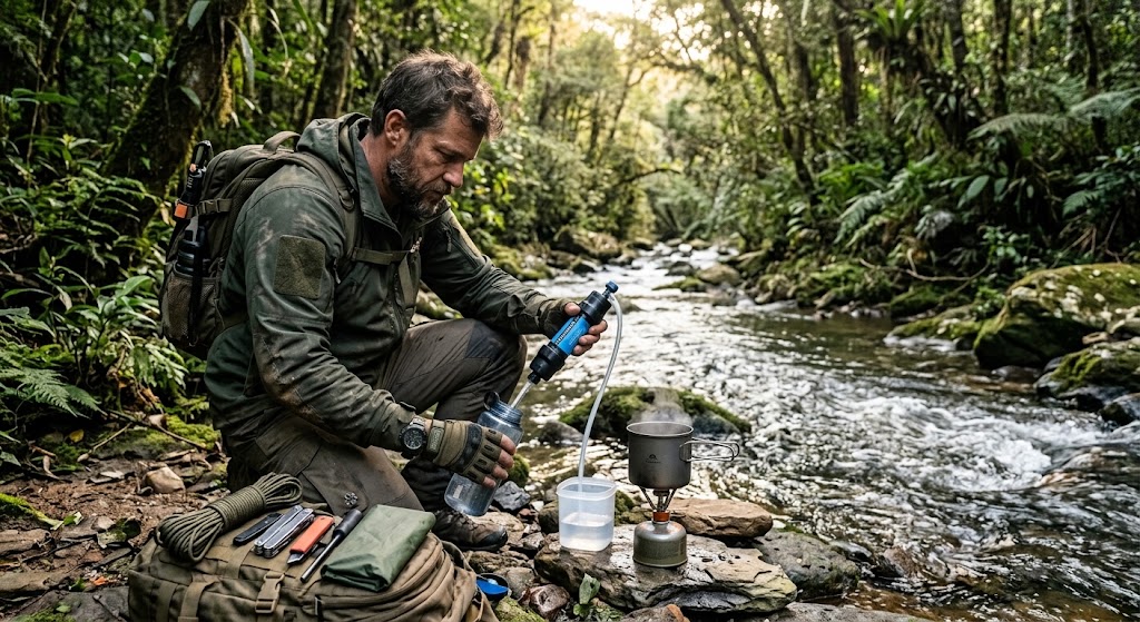 Um sobrevivente purificando agua no riacho para beber.