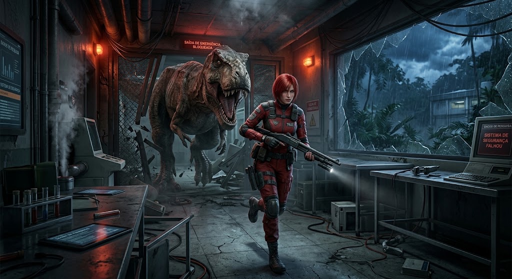 Imagem de um Tiranossauro Rex correndo atrás de uma mulher em fuga.