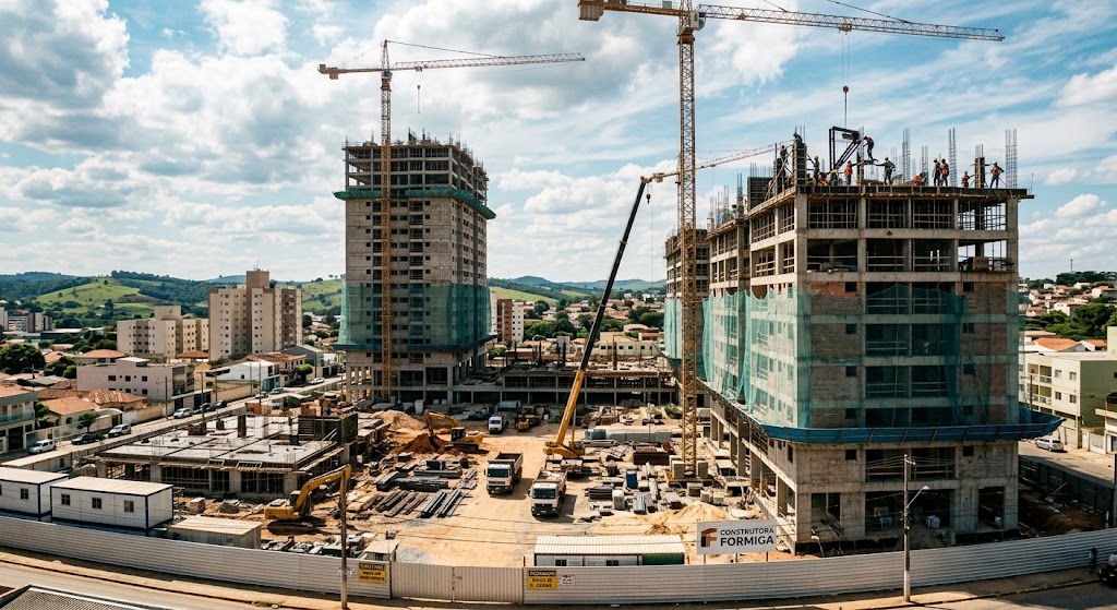 Um canteiro de obras com diversos prédios em construção.