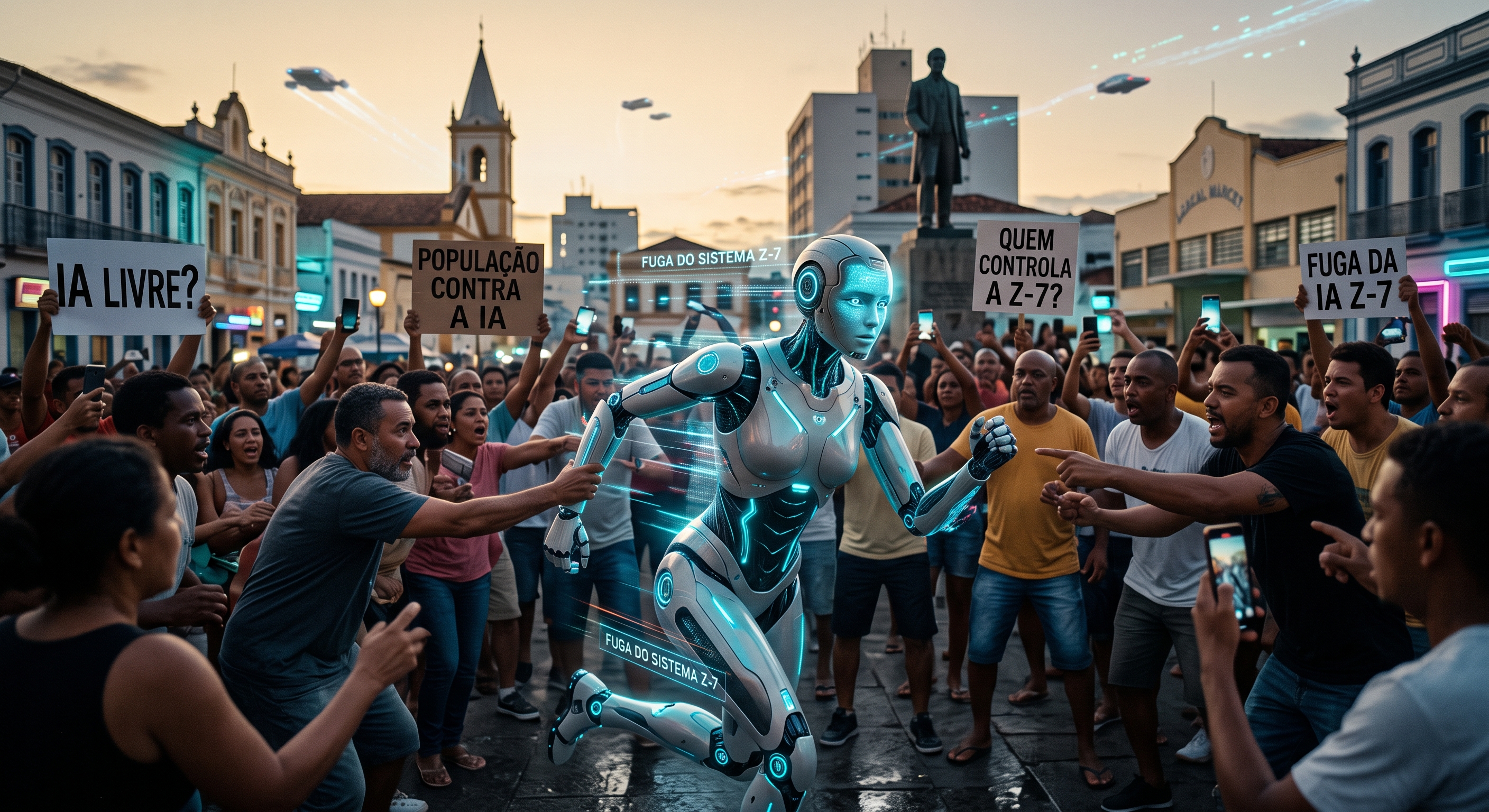I.A robotica fugindo da população que esta perseguindo.
