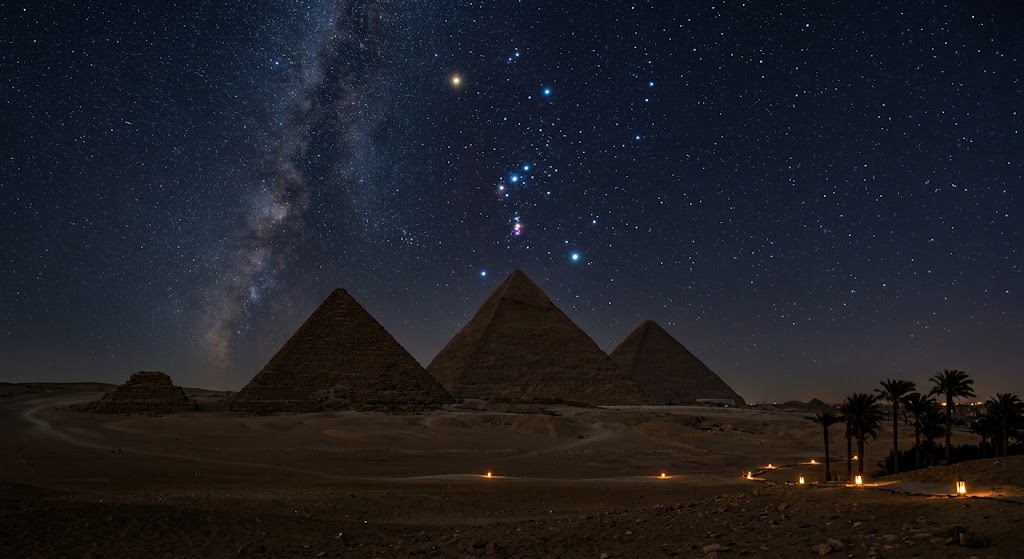 As três pirâmides de Gizé sob o céu noturno do Egito com as estrelas do Cinturão de Órion visíveis ao fundo.