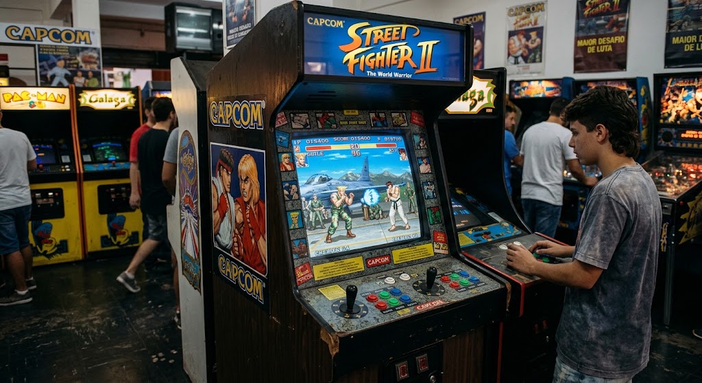 Máquina de fliperama arcade clássica exibindo a tela de combate de Street Fighter II.