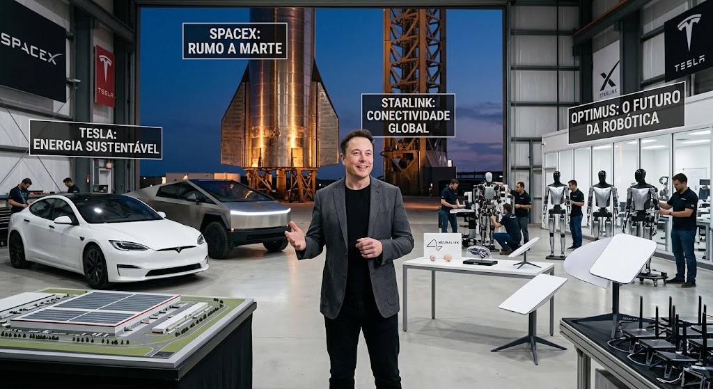 Elon Musk, e suas tecnologias sendo apresentada.