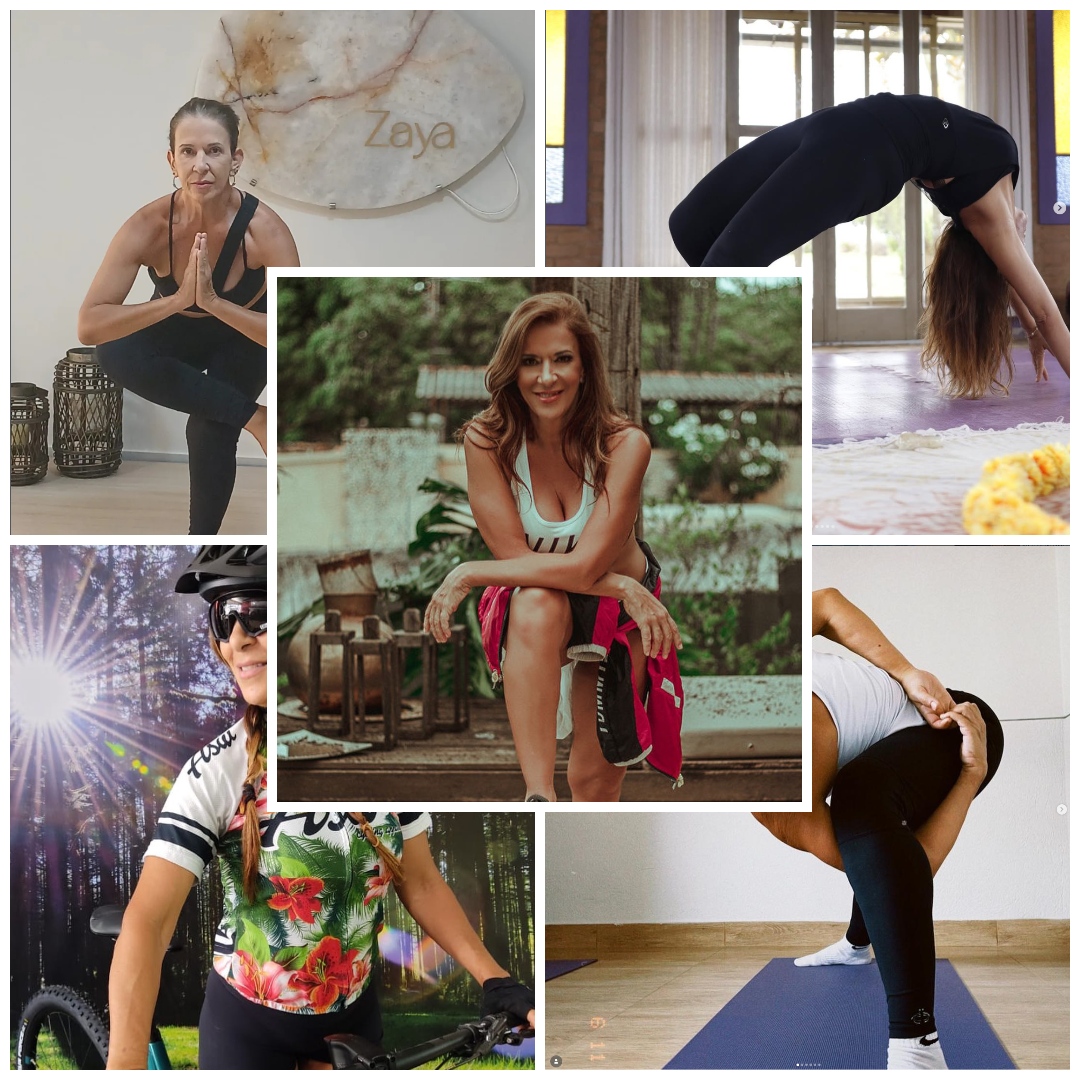 Cinco imagens de uma professora de Yoga.