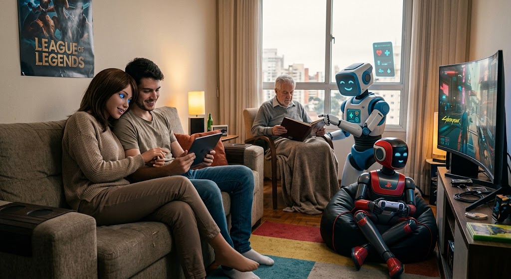 Cena mostra um robo i.a namorada, um robo cuidando de idoso e outro robo jogando video game.